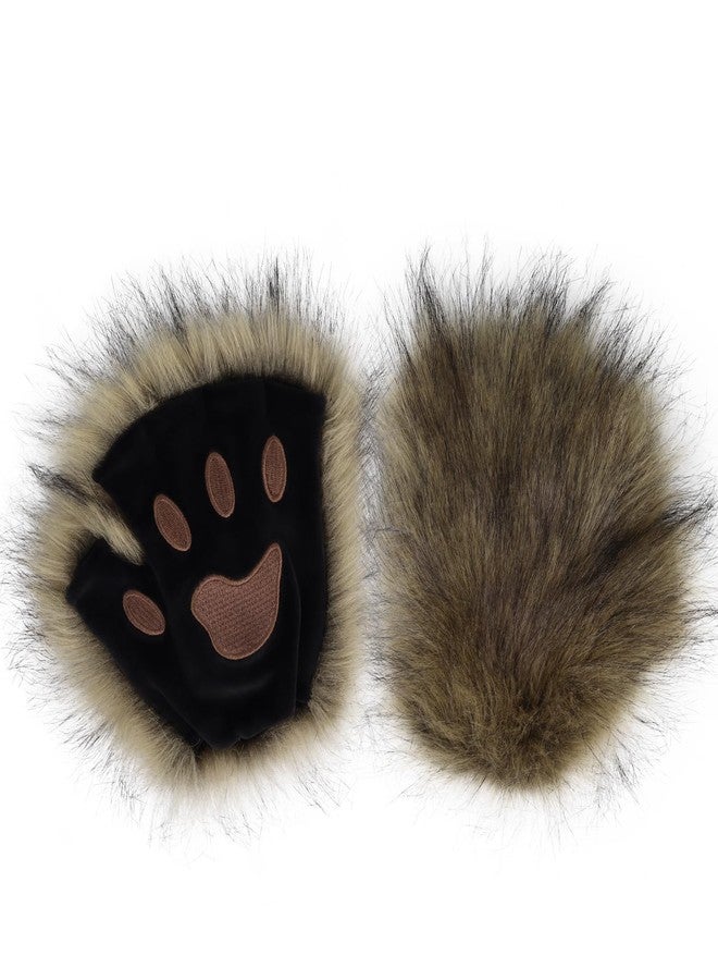 HAOAN Wolf Paw Gloves Faux Fur Cat Fingerless Mittens Winter Warm Cosplay Halloween Fancy Party Costume Accessories - Image 1